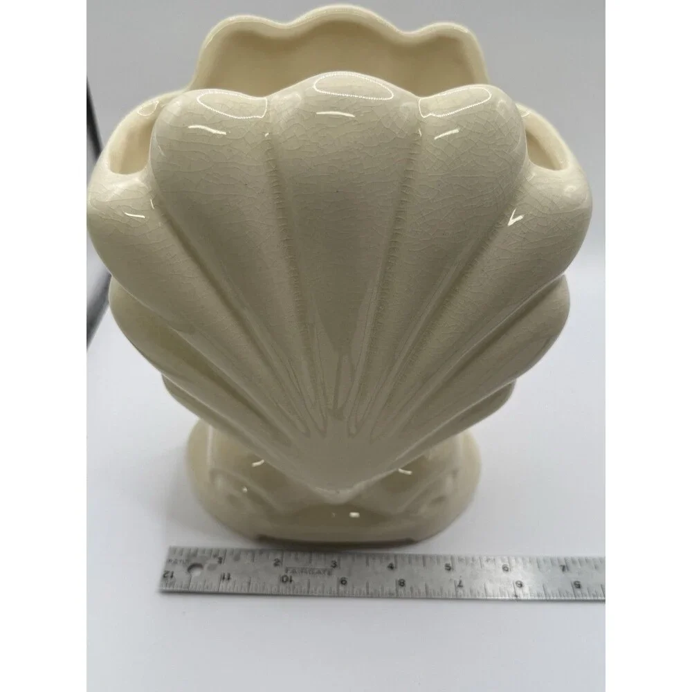 Footed Ceramic Cream Clam Shell Planter Vase Antique? American Bisque? - Picture 8 of 8